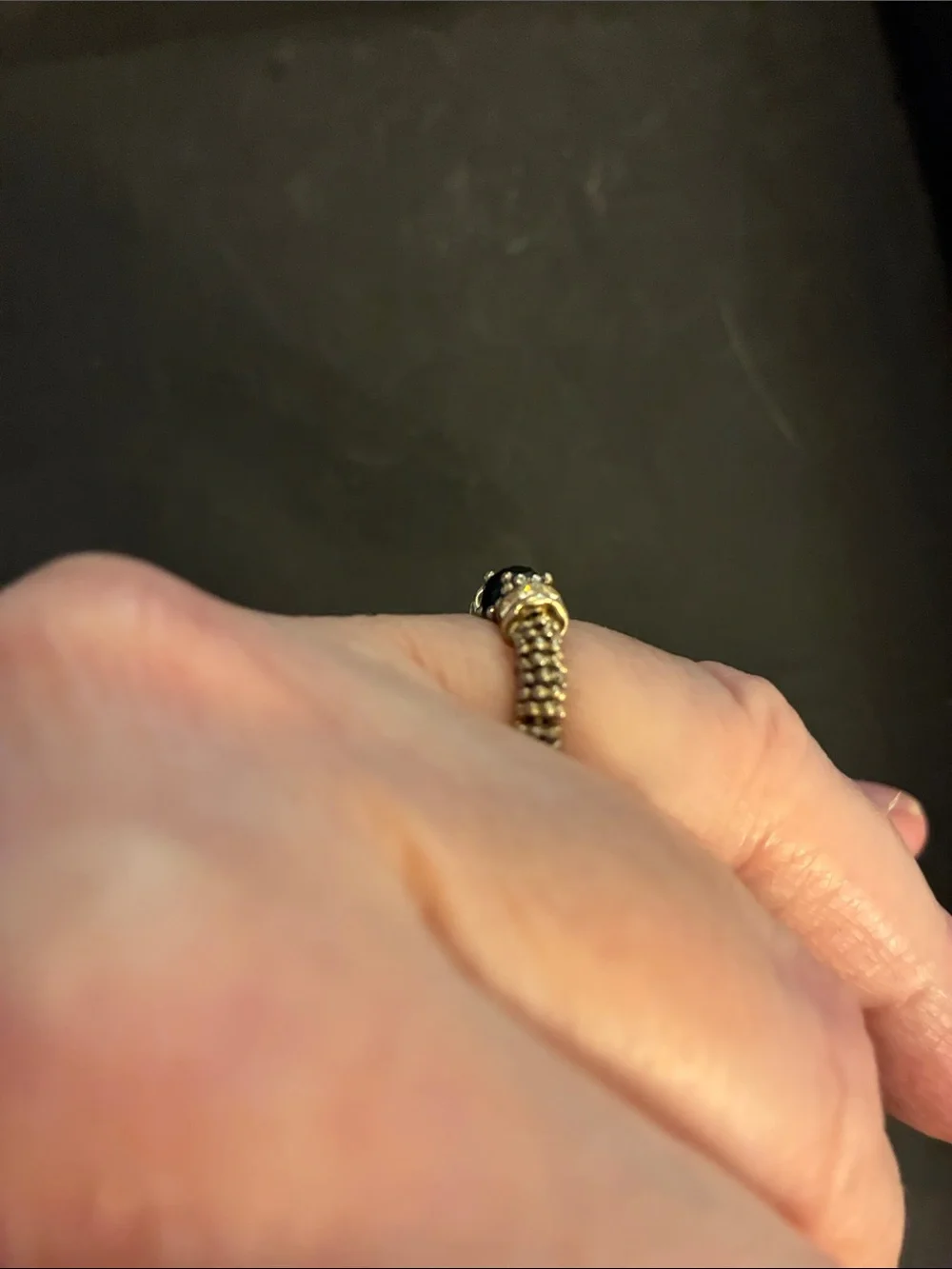 Gold-Tone Stretch Ring with Dark Blue Oval Stone and Pavé Accents.  NWOT